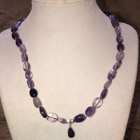 NATURAL Amethyst Stone Bead Knotted Necklace w Sterling Silver Clasp 17” - Picture 5 of 7